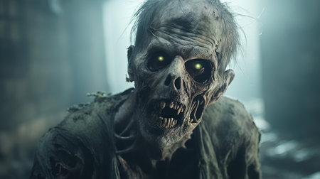 a photo of a zombie standing on a rain-soaked floor, featuring a wallpaper with softbox lighting. the zombie has detailed facial features and is depicted in the style of artists kevin hill and charles spencelayh. the color palette includes light green and bronze, with lens flares adding a dramatic effect. the wallpaper also showcases skull motifs. ai generatedの素材