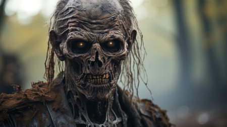 the walking dead poster, designed in the haunting figuratism style of jan matejko, showcases dreamlike fantasy creatures in a close-up, environmental portraiture setting. this 4k poster captures the essence of the show, with a touch of the laowa 100mm f/2.8 2x ultra macro apo lens, creating a visually stunning and captivating image. ai generatedの素材