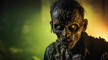 a dark horror film featuring zombies comes to life on the big screen in this conceptual portraiture. the photo, taken with a nikon d750, showcases a green and bronze color palette with a touch of lens flare. the sculpted details and dayak art influence add depth to this detailed portraiture. ai generatedの素材