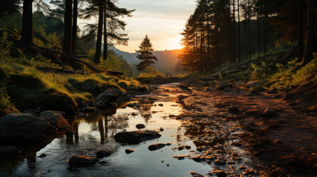 a photo of trees and rocks in the background, captured with a zeiss batis 18mm f2.8 lens on a nikon d750 camera. the image showcases luminous reflections, reminiscent of traditional british landscapes. the color palette features dark orange and light gold tones, creating a forestpunk aesthetic with flowing silhouettes. ai generatedの素材