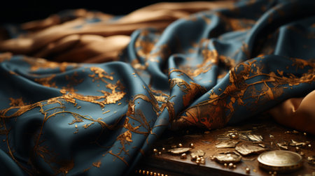 a stunning photograph showcasing a golden embroidered tablecloth adorned with coins, reminiscent of the captivating style of unreal engine 5. the composition exudes an air of elegance with its bronze and azure hues, capturing the essence of moody still lifes. the image highlights the intricate details of the embroidery, the luxurious fabrics, and the raw materials used, creating a visually captivating scene. ai generatedの素材