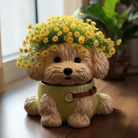 ceramic figurine featuring a charming dog design on top, captured in stunning 32k uhd resolution with a nikon d750 camera. this flowerpunk-inspired piece showcases intricate details and is created in the style of vray tracing. made entirely of flowers, this yellow figurine exudes a unique and captivating aesthetic. ai generatedの素材