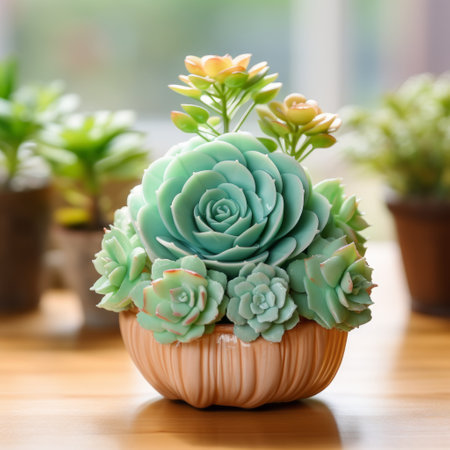 a photo of a beautifully decorated flower pot with succulents, perfect as a gift or for home and kitchen decoration. the soft edges and blurred details create a dreamy effect. the light aquamarine and amber colors add a touch of elegance. the intricate still lifes and colorful woodcarvings bring depth and character to the scene. rendered in maya, this image showcases the artistry and craftsmanshipの素材