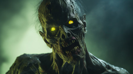 a hyper-detailed and realistic rendering of a zombie with bright lights illuminating its face. this uhd image, created in the style of unreal engine, showcases a hybrid creature composition with yellow and bronze tones. the use of focus stacking and softbox lighting enhances the intricate details of this eerie and captivating scene. ai generatedの素材