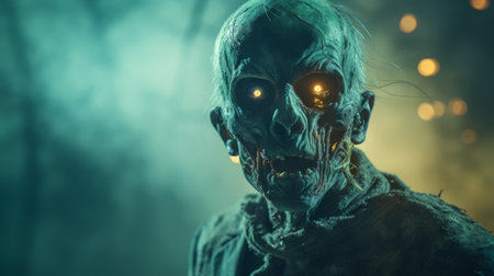 a zombie with glowing eyes and a ghostly face lurks in the shadows, showcasing hyper-realistic details. the image features a captivating blend of light cyan and light amber hues, with selective focus adding depth. the composition incorporates yankeecore elements, eccentric props, and technological marvels, making it a visually striking piece. this image is available under the creative commons attribution license. ai generatedの素材