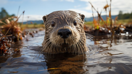 a photo of mark walking through a swamp with an otter following, captured from a high-angle perspective and using a wide-angle lens. the composition highlights the natural beauty of the surroundings and mark's connection with nature, while the playful presence of the otter adds an extra charm to the scene. ai generatedの素材