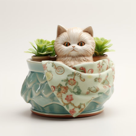 a ceramic kitty sits gracefully in a pot, showcasing intricate drapery details. the lightbox illuminates the scene, casting a gentle emerald and crimson glow. this photograph captures the essence of environmentalism and object portraiture expertise. the highly detailed foliage adds depth to the composition, with shades of light brown and azure enhancing the overall aesthetic. ai generatedの素材