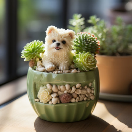 ceramic planter, inspired by caninecore and chie yoshii, beautifully captured with a nikon d750. this playful and intricate piece features a light green and light brown color scheme. crafted with precious materials, it exudes a unique charm. perfect for adding a touch of whimsy to any space, this felt creation is a must-have for plant enthusiasts. ai generatedの素材