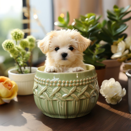 a brown puppy with short hair sits on a green pot amidst a vibrant display of flowers. the photo showcases a meticulous design, with a soft-focus effect that enhances the ivory, light yellow, and pink hues of the living materials. captured using a konica big mini camera, the image exudes a light, white, and amber ambiance. ai generatedの素材