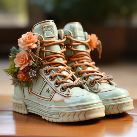 a pair of green boots with flowers is placed on a table, showcasing a hip-hop inspired, fairy academia style. the boots feature a combination of light orange and light bronze hues, with accents of light sky-blue and beige. the intricate details and gongbi technique add a touch of romantic charm to this unique footwear. ai generatedの素材