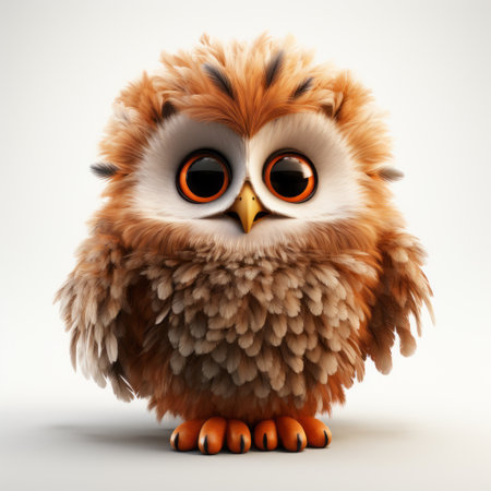 an orange and brown owl standing in a cute and dreamy style, rendered in cinema4d. the image showcases motion blur, vray tracing, and fine feather details. the playful caricature of the owl is enhanced by the light white and light brown color palette. ai generatedの素材