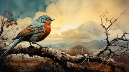 birds perched on a branch during a winter sunset, depicted in the style of 2d game art. the artwork showcases multilayered realism and richly detailed genre paintings. the color palette features shades of azure and amber, enhancing the detailed character design. the overall composition exudes a sense of supernatural realism with hints of red and azure. ai generatedの素材