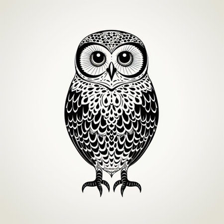 a black and white owl logo design illustration featuring intricate ornaments. the illustration is done in a light brown and black color scheme, with delicate pointillism reminiscent of traditional african art. the design showcases accurate bird specimens and draws inspiration from mid-century illustration. the owl is backlit, highlighting its strong facial expression. ai generatedの素材