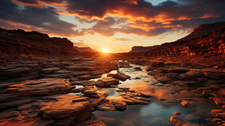 sunlight illuminates the rocks in a desert at sunset, reminiscent of max rive's style. this photograph captures the essence of romantic riverscapes and traditional landscapes, with its saturated pigment pools. the combination of light red and turquoise hues adds a touch of american tonalism to this epic landscape. ai generatedの素材