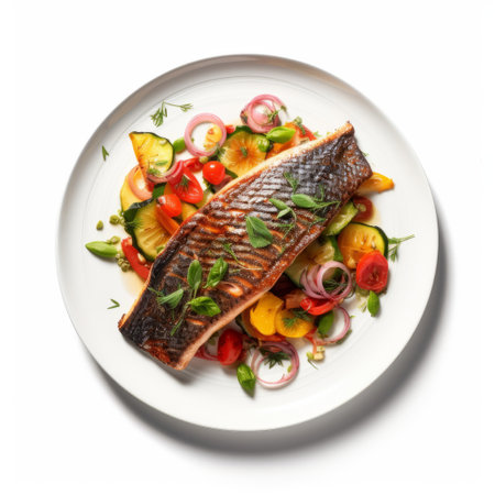 a high-resolution photo captures the essence of summer with a delicious grilled fish dinner. the vibrant colors of the smoked salmon and halibut are beautifully arranged in a striped pattern, creating a visually stunning image. the emphasis on light and shadow adds depth to the picture, while the white background enhances the overall composition. this photo is reminiscent of the artistic style of colorful curvesの素材