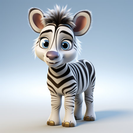 a baby zebra with blue eyes and mouth stands in a disney animation style. the realistic portrayal of light and shadow, along with the hard surface modeling, brings out the playful character design. the light white and light violet colors add to the charm, while the zigzag patterns complete the adorable look. ai generatedの素材