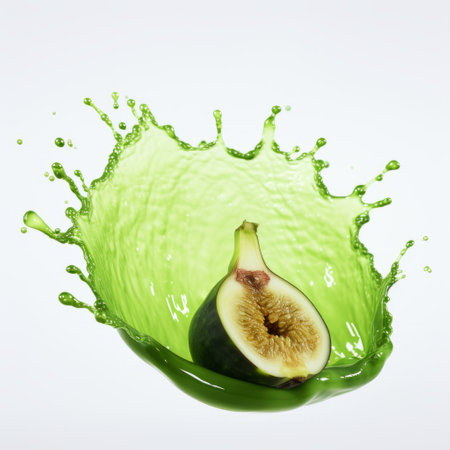 fresh green fig in water splash on a white background. the photo showcases the fruit in a dark emerald and beige style, with spray-paint based textures and smooth lines. it incorporates elements of cut and paste art and wimmelbilder, while also featuring sharp and clever humor. the vibrant color combinations add to the overall visual appeal. ai generatedの素材