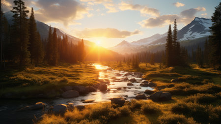 a stunning photo captures the sun setting over a majestic mountain, creating a breathtaking scene. the background showcases a serene river, adding to the beauty of this wilderness landscape. the photo is reminiscent of the style seen in unreal engine and national geographic, with a touch of whistlerian influence. the concept art features a pastoral setting, bathed in soft white and amber light. ai generatedの素材