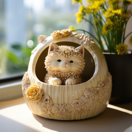 a cat nest with flowers in a flower pot, featuring light yellow and light gold tones. the scene includes animal figurines, colorful woodcarvings, and a soft, atmospheric lighting. the use of fujifilm eterna vivid 500t film creates high-contrast shading, enhancing the overall aesthetic. the color palette consists of beige and amber hues, adding warmth to the composition. ai generatedの素材