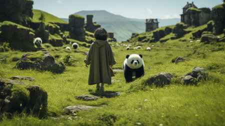 emily walking through a plain with a panda following, captured from a high-angle perspective using a wide-angle lens. the composition highlights the natural beauty of the surroundings and emily's connection with nature, while the playful presence of the panda adds an extra charm to the scene. ai generatedの素材