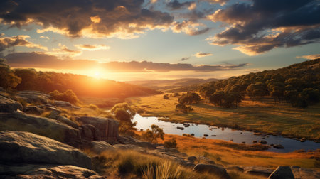 the photo captures a stunning sunset over the land, reminiscent of australian landscapes and romantic riverscapes. it exudes the essence of national geographic photography, showcasing mountainous vistas and the beauty of the english countryside. the image is highly detailed, showcasing nature-inspired imagery at its finest. ai generatedの素材