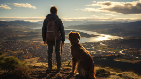 the charles walking through a plateau with a dog following, showcasing natural beauty, connection with nature, high-angle perspective, wide-angle lens, playful element. ai generatedの素材