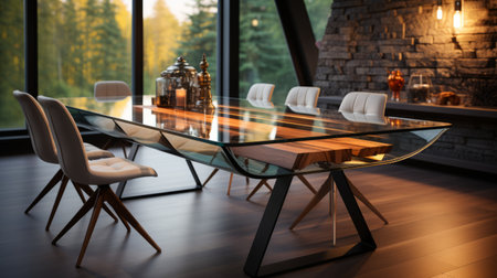 the white glass dining table in the room features a sleek metallic finish and a timber frame construction. the table is adorned with realistic landscapes in dark black and light amber tones, creating an atmospheric woodland imagery. the photo, taken with a nikon d750, captures the luminous quality of the table and its soft edges. ai generatedの素材