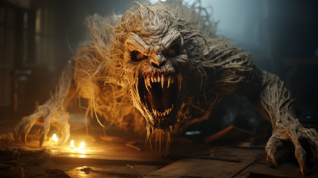a creepy creature, rendered in cinema4d, lurks in a dark place. made of vines, it features a mix of light brown and white colors with explosive pigmentation. this caninecore-inspired creation captivates with its dynamic and action-packed scenes, showcasing a strong facial expression. ai generatedの素材