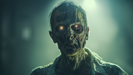 a zombie-themed hd wallpaper (1920x1080) featuring an anamorphic lens flare effect. captured with a canon eos 5d mark iv, the image showcases a dark gold and gray color palette. softbox lighting enhances the realistic portrait of the zombie, while cross-processing adds a unique touch. luminous 3d objects complete the eerie atmosphere. ai generatedの素材