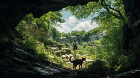 a high-angle photo captures lisa walking through a karst, with a cat playfully following. the wide-angle lens showcases the natural beauty of the surroundings, emphasizing lisa's connection with nature. ai generatedの素材