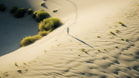 a high-angle photo captures daniel walking through a dune, with a fish playfully following. the wide-angle lens showcases the natural beauty of the surroundings, emphasizing daniel's connection with nature. ai generatedの素材