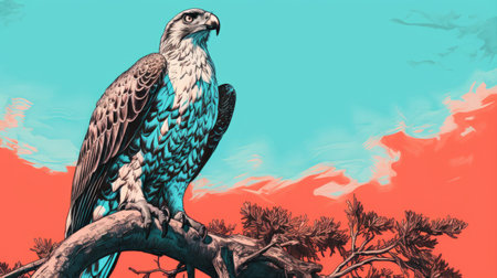 an osprey, in the style of pop art-inspired illustrations, is perched on top of a dead tree. the hyper-detailed, light red and azure colors bring out the hyper-realistic animal illustration. this animated gif captures the osprey in a detailed hunting scene, reminiscent of poster art. ai generatedの素材