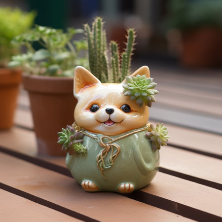 the raccoon paw planter in the style of miki asai is a charming character illustration with light gold and green tones. created by xiaofei yue, this planter features selective focus and a traditional mexican style, giving it a cute and dreamy aesthetic. ai generatedの素材