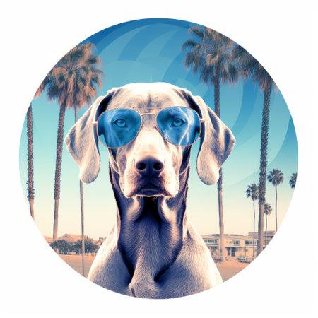 a dog wearing sunglasses poses against a backdrop of a realistic landscape with soft edges. the image combines elements of neo-pop iconography, fisheye effects, and the color palette of white and blue. the enigmatic tropics and california impressionism influence the overall aesthetic, creating a captivating and vibrant scene. the composition also incorporates wimmelbilder, adding depth and complexity to the image. ai generatedの素材