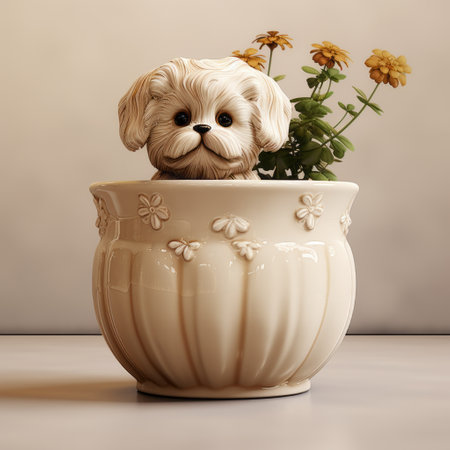 a round pot featuring a big white dog on top, created in a vray tracing style. the dog is made entirely of flowers, giving it a delicate and detailed appearance. the pot, resembling a minolta srt-101 camera, has a caricature-like design with a color palette of beige and amber. ai generatedの素材