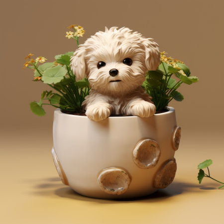 a white puppy, rendered in cinema4d and zbrush, sits in a white planter adorned with vibrant yellow flowers. this playful character design showcases toy-like proportions and texture-based details. the use of precious materials and beige tones adds a touch of elegance to this adorable scene. ai generatedの素材