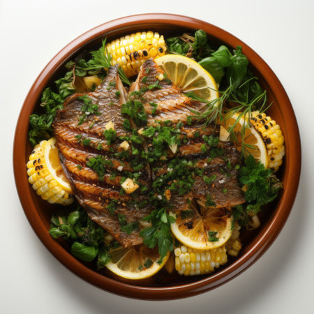 tuna fillet, adorned with lemon and parsley, is beautifully presented on a plate resembling wood veneer mosaics. this captivating national geographic photo showcases the artistry of igbo ibo culture, featuring a high-quality image of glazed earthenware. the striped arrangements in dark brown and yellow add a visually striking element to this culinary masterpiece. ai generatedの素材