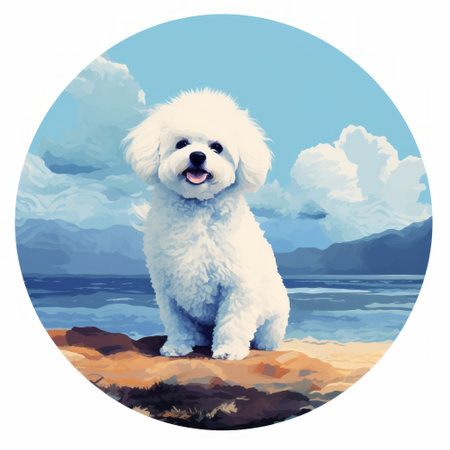 a white dog sits on a rock by the ocean, depicted in the style of pop art with flat colors. the composition is reminiscent of canaletto's landscapes, while the circular format resembles tondo paintings. the dog's portrait is reminiscent of miniature paintings, with realistic colors and a rounded, airbrushed art technique. ai generatedの素材