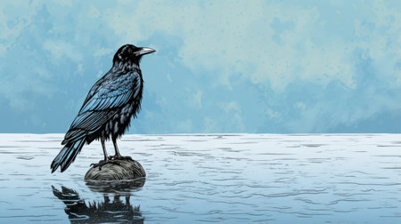 a bird perched on the water, depicted in a detailed comic book art style. the image showcases a combination of light sky-blue and dark black tones, creating a panoramic scale. the artwork draws inspiration from necronomicon illustrations, featuring high-contrast realism and rough hewn surfaces. the overall aesthetic is characterized by flat illustrations. ai generatedの素材