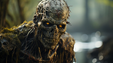 a shivering zombie with green eyes is captured in the woods, rendered in the style of unreal engine. the zombie is made of trash, showcasing dark yellow and light bronze tones. close-up shots highlight the fine lines and intricate details, reminiscent of marvel comics. this captivating image was captured using the canon eos 5d mark iv. ai generatedの素材