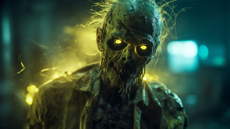 a zombie with yellow eyes stares menacingly in this backlit, vray-traced photograph. the dark gold and aquamarine tones create an explosive and chaotic atmosphere, capturing the essence of manapunk and suburban ennui. this uhd image showcases the intricate details of the zombie's haunting gaze. ai generatedの素材