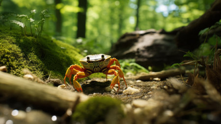 a high-angle photo captures thomas walking through a forest, accompanied by a playful crab. the wide-angle lens showcases the natural beauty of the surroundings, emphasizing thomas's connection with nature. ai generatedの素材