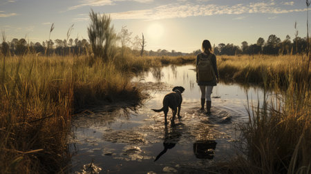 megan walking through a swamp with a dog, showcasing natural beauty and connection with nature. high-angle perspective and wide-angle lens capture the scene, while the dog adds a playful element. ai generatedの素材