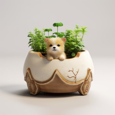 a 3d animated dog plant pot, designed in the style of goro fujita, featuring charming vignettes and calming symmetry. this rendered 3d model is created with materials suitable for 3d printing. inspired by artists like basil gogos, miki asai, and persian miniature art, this unique creation showcases intricate details and is perfect for adding a touch of whimsy to any space. ai generatedの素材