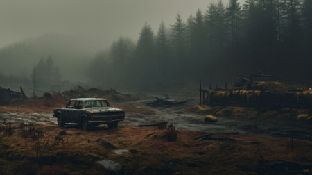 an old car sits abandoned in a field, surrounded by layered and atmospheric landscapes. this forestpunk-inspired image captures the eerie realism of dark and foreboding landscapes. with its 8k resolution, the photo showcases the atmospheric woodland imagery in stunning detail. ai generatedの素材
