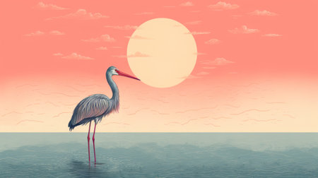 a bird stands gracefully in the water, framed by a stunning orange sunset. this detailed character design captures the beauty of realistic landscapes with soft, tonal colors. the pink and gray hues add a touch of elegance to this editorial illustration, reminiscent of traditional oceanic art and mid-century illustration styles. ai generatedの素材