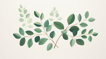 elegant vector drawing of eucalyptus leaves and branches on a light background, inspired by the style of victor mosquera. the artwork features a combination of dark emerald and light beige colors, creating a tranquil gardenscape. with a handscroll-like composition, the whimsical animation showcases orderly symmetry, reminiscent of the works of tang yau hoong. ai generatedの素材