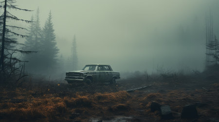 an old truck, reminiscent of classic american cars, drives through the dense foliage of a foggy landscape. the scene captures the essence of an apocalypse, with a touch of transcendent beauty. inspired by the styles of alessio albi and matti suuronen, the image evokes a sense of mystery and intrigue, reminiscent of the works of pierre huyghe. ai generatedの素材