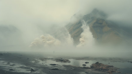 the photo showcases a striking digital surrealism landscape with a dystopian atmosphere. the ground and surface are enveloped in dense fog, creating a captivating and mysterious scene. this captivating image captures the essence of norwegian nature and features narrative-driven visual storytelling with juxtaposed imagery. the result is an apocalyptic landscape portrayed in stunning uhd quality. ai generatedの素材