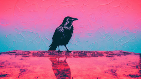 a raven perched on a branch, captured in an illustration, stands out against a vibrant backdrop of pink and purple paint. the artwork showcases a unique style inspired by cross-processing processed, colorful sidewalk scenes, light installations, nature morte, textural minimalism, infrared, and wormcore. ai generatedの素材